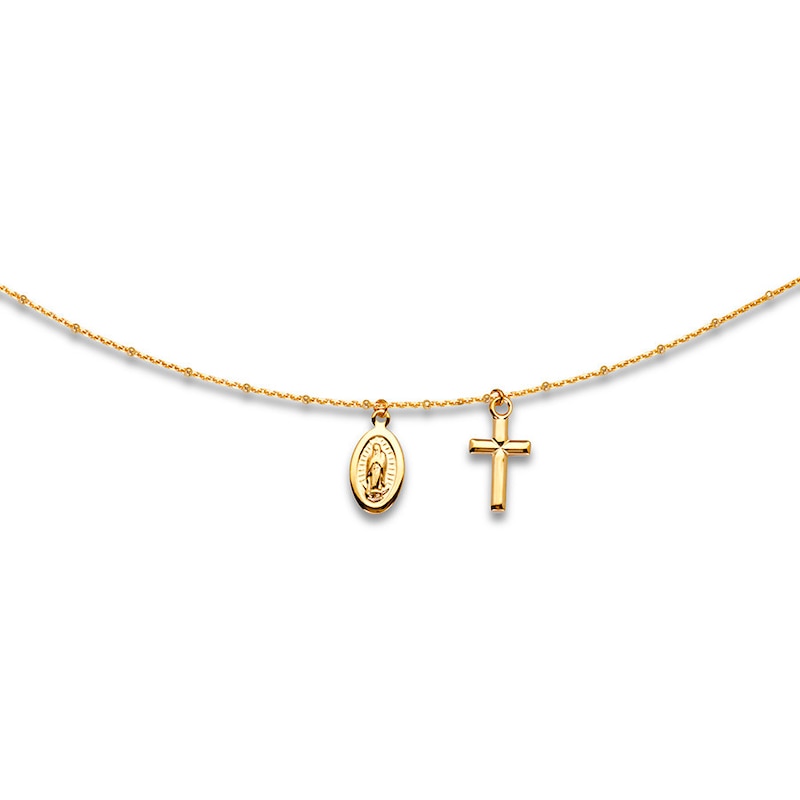 Virgin Mary & Cross Choker Necklace 14K Yellow Gold 16" Adj.