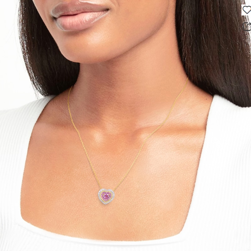 Kallati Heart-Cut Natural Pink Sapphire & Diamond Necklace 1/5 ct tw Round 14K Yellow Gold