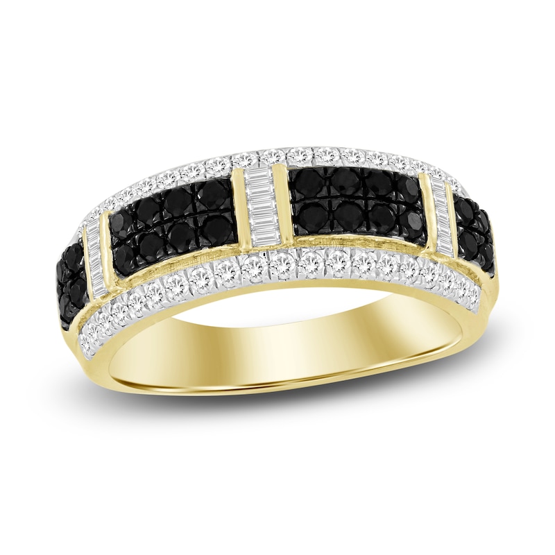 Men's Black & White Diamond Ring 1 ct tw Round/Baguette 10K Yellow Gold