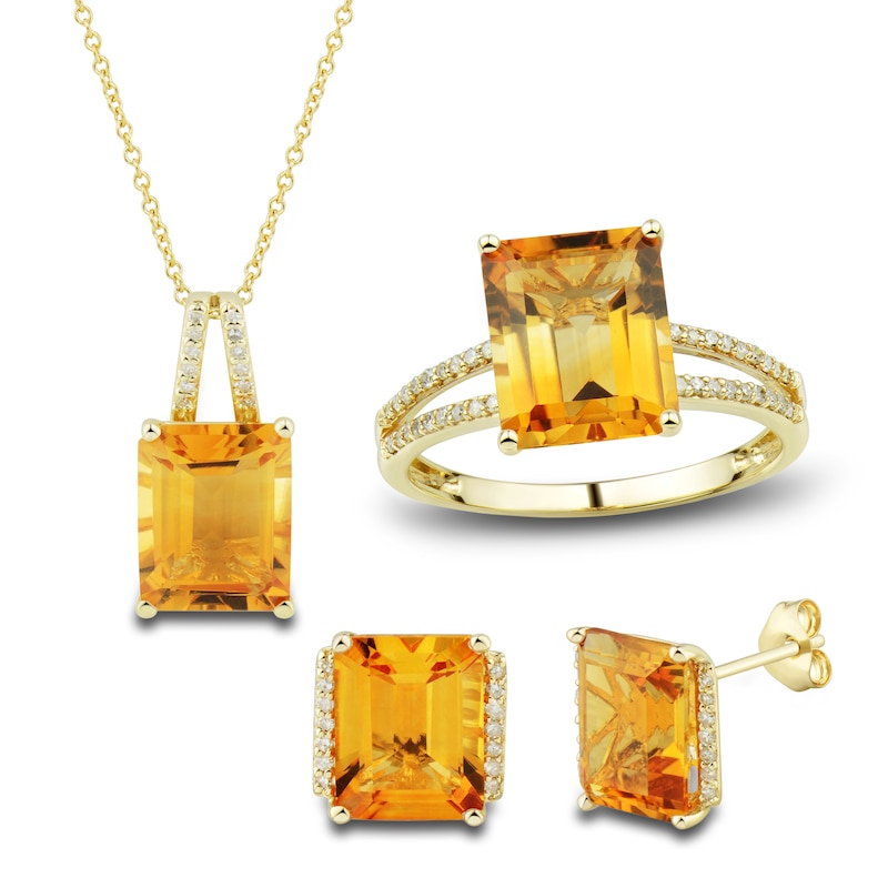 Natural Citrine Ring, Earring & Necklace Set 1/5 ct tw Emerald 10K Yellow Gold