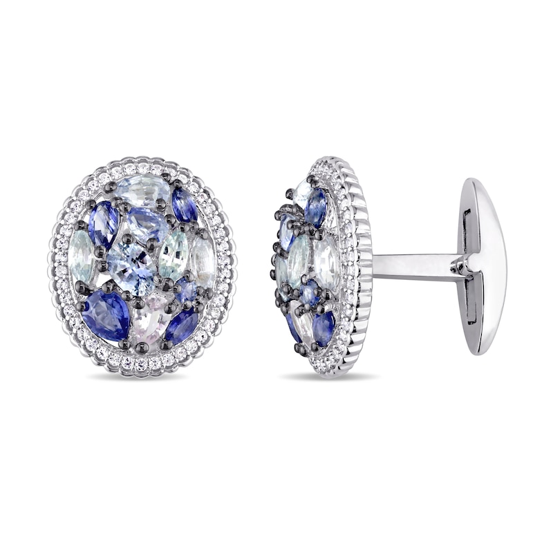 Men's Natural Blue Sapphire & Natural White Sapphire Halo Cufflinks Sterling Silver