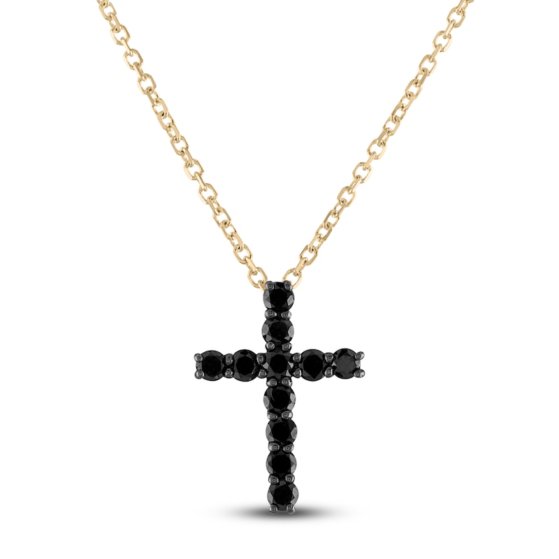 Black Diamond Cross Pendant Necklace 1/3 ct tw Round 14K Yellow Gold 18"