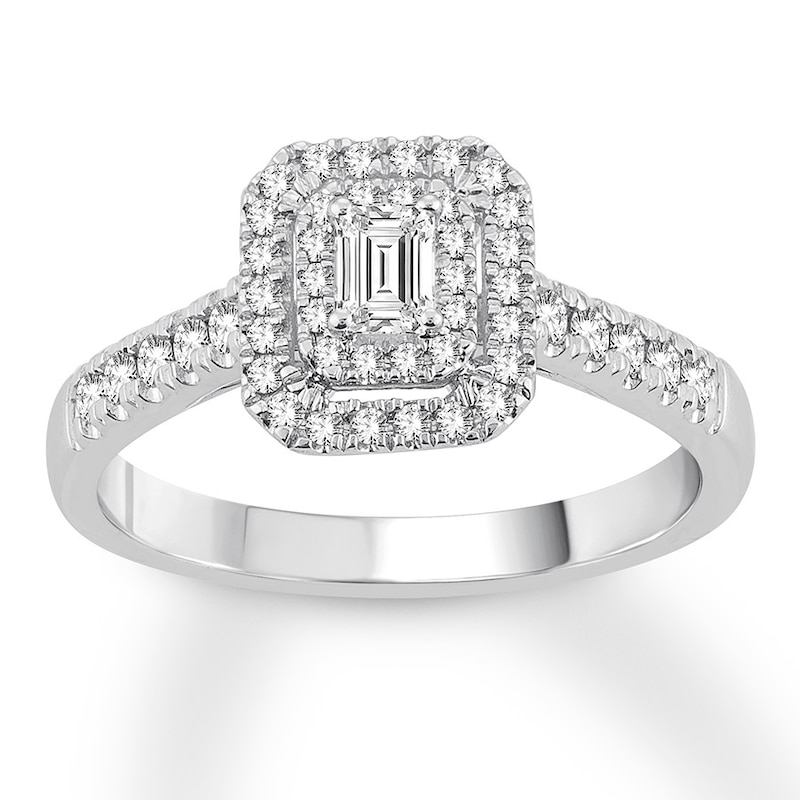 Diamond Promise Ring 1/2 ct tw Emerald/Round 10K White Gold