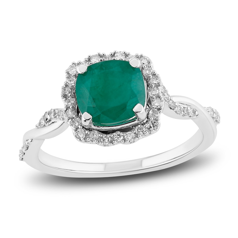 Natural Emerald Engagement Ring 1/5 ct tw Diamonds 14K White Gold