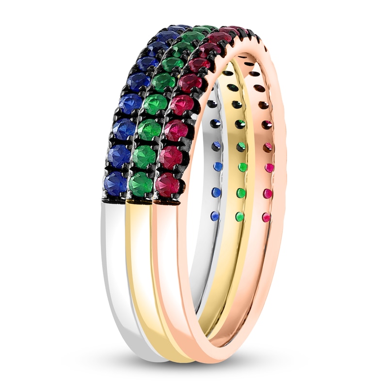 LALI Jewels Natural Emerald, Ruby & Blue Sapphire 3-Piece Ring 14K Tri-Tone Gold