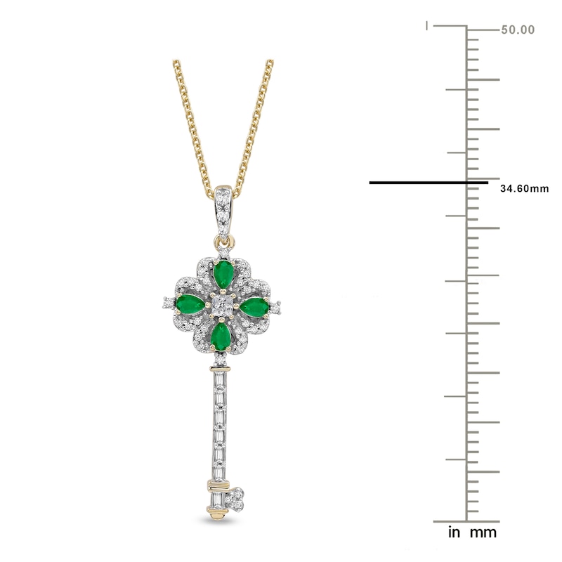 Pear-Shaped Natural Emerald & Princess, Round & Baguette-Cut Diamond Pendant Necklace 1/4 ct tw 14K Yellow Gold