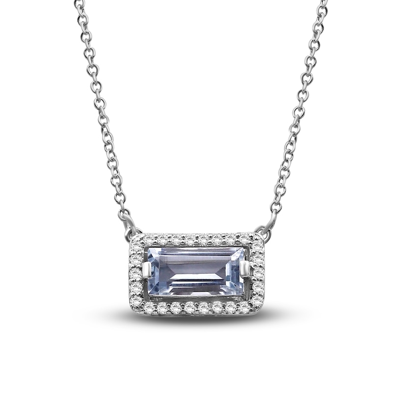 Baguette-Cut Natural Aquamarine & Diamond Necklace 1/10 ct tw 14K White Gold 18"