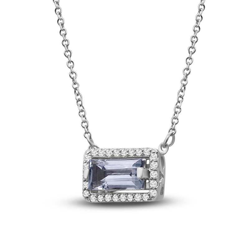 Baguette-Cut Natural Aquamarine & Diamond Necklace 1/10 ct tw 14K White Gold 18"