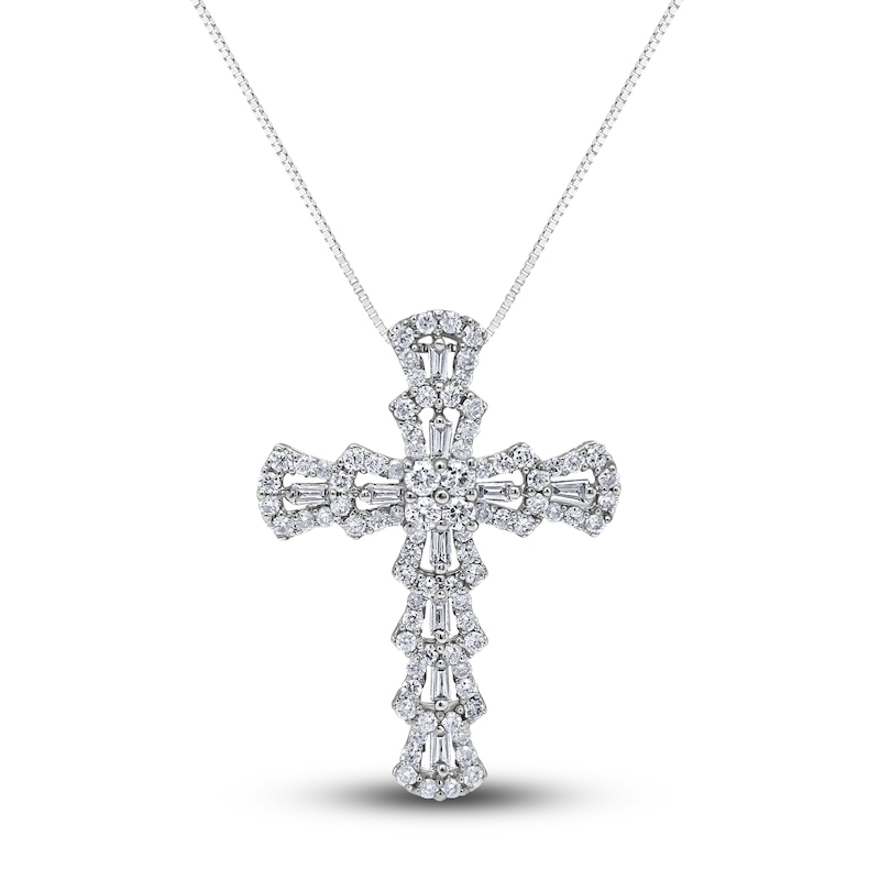 Diamond Cross Pendant Necklace 1-1/4 ct tw Round/Baguette 14K White Gold 18"