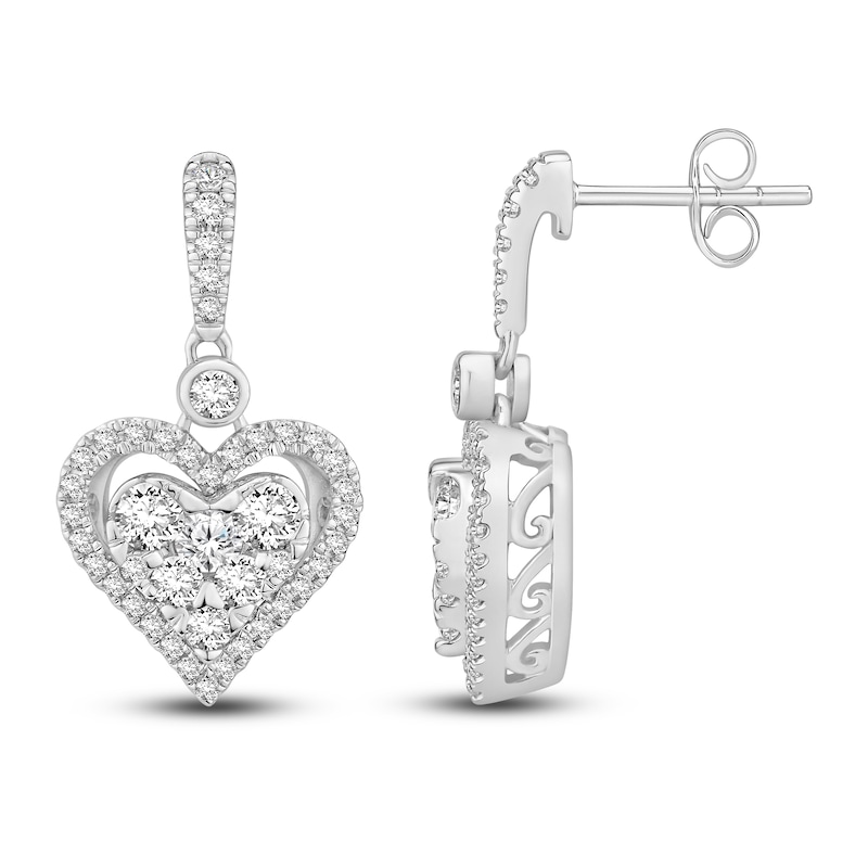 Diamond Heart Dangle Earrings 1 ct tw Round-cut 14K White Gold