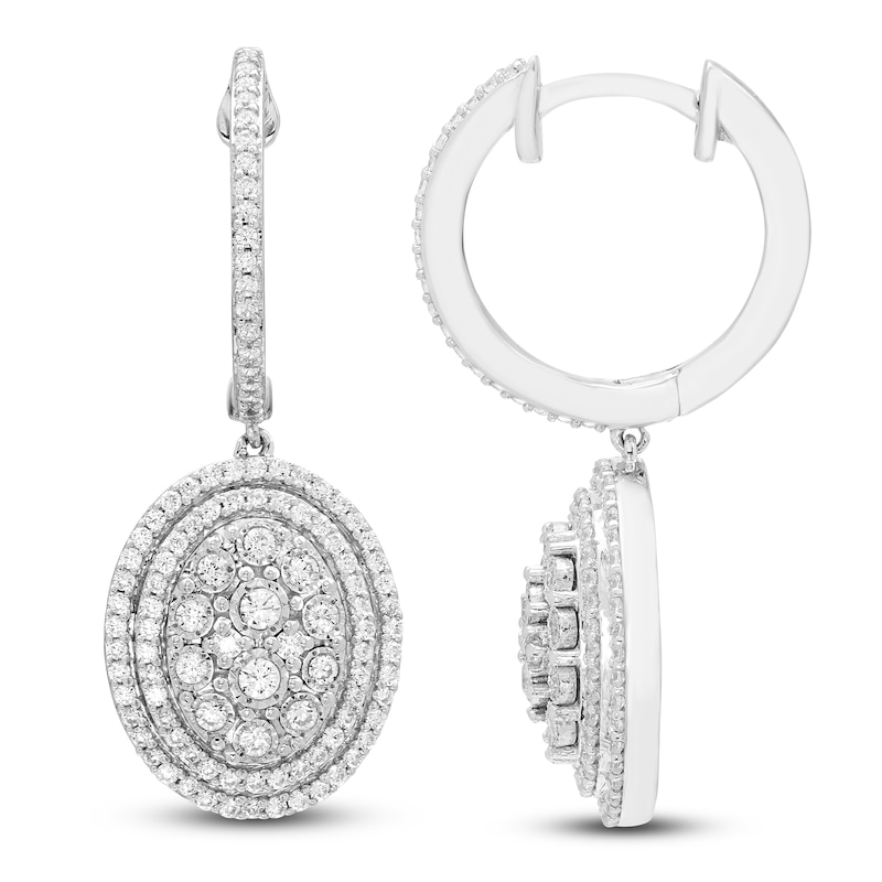 Multi-Diamond Oval Halo Dangle Hoop Earrings 5/8 ct tw 14K White Gold