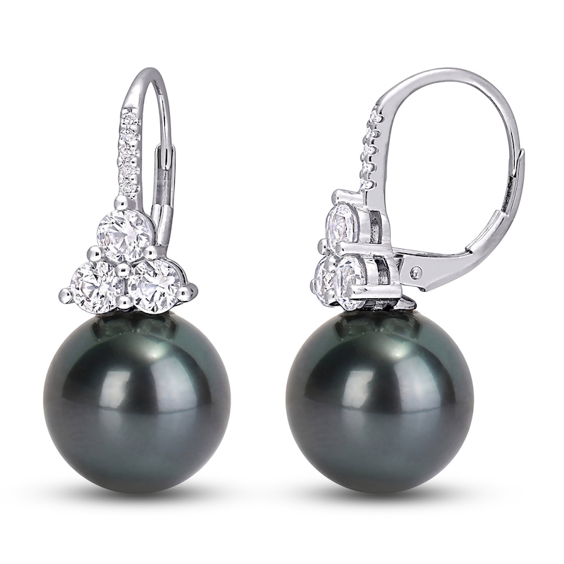 Tahitian Cultured Freshwater Pearl & White Lab-Created Sapphire Earrings 1/20 ct tw Round 10K White Gold