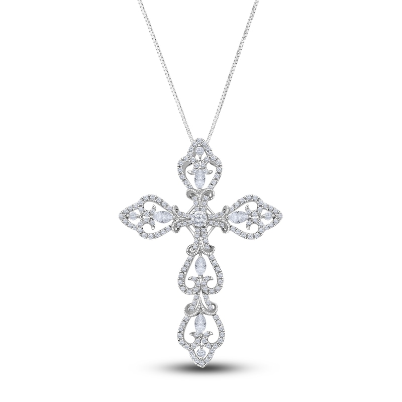 Diamond Cross Pendant Necklace 1 ct tw Round/Marquise 14K White Gold 18"