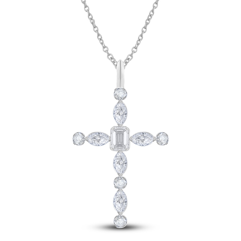 Diamond Cross Pendant Necklace 1 ct tw Emerald/Marquise/Round 14K White Gold 18"