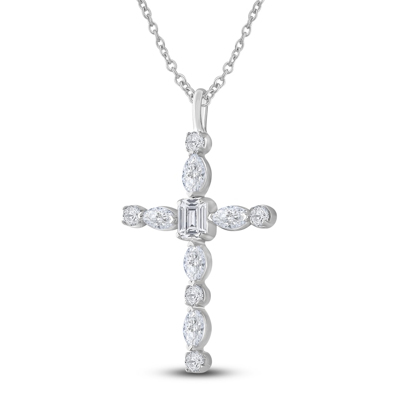 Diamond Cross Pendant Necklace 1 ct tw Emerald/Marquise/Round 14K White Gold 18"