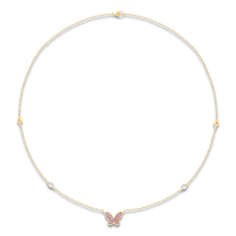 Children's Cultured Pearl & Enamel Butterfly Necklace 14K Yellow Gold 13"