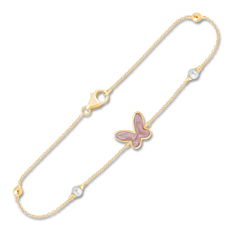 Children's Cultured Pearl & Enamel Butterfly Bracelet 14K Yellow Gold 6"