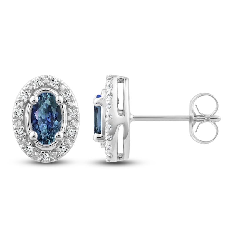Montana Blue Oval-Cut Natural Sapphire Stud Earrings 1/20 ct tw Round Diamonds 14K White Gold