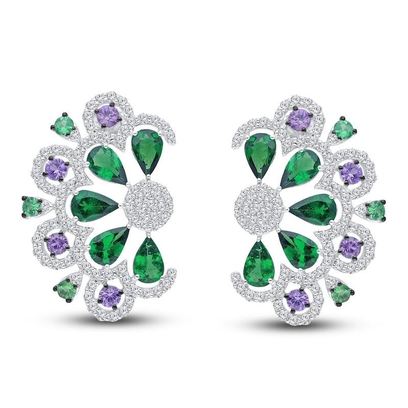Kallati Natural Tsavorite Garnet, Natural Green & Purple Sapphire Earrings 1-1/2 ct tw Diamonds 14K White Gold