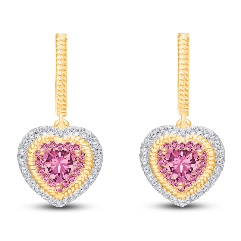 Kallati Heart-Shaped Natural Pink Sapphire & Diamond Hoop Dangle Earrings 1/3 ct tw 14K Yellow Gold