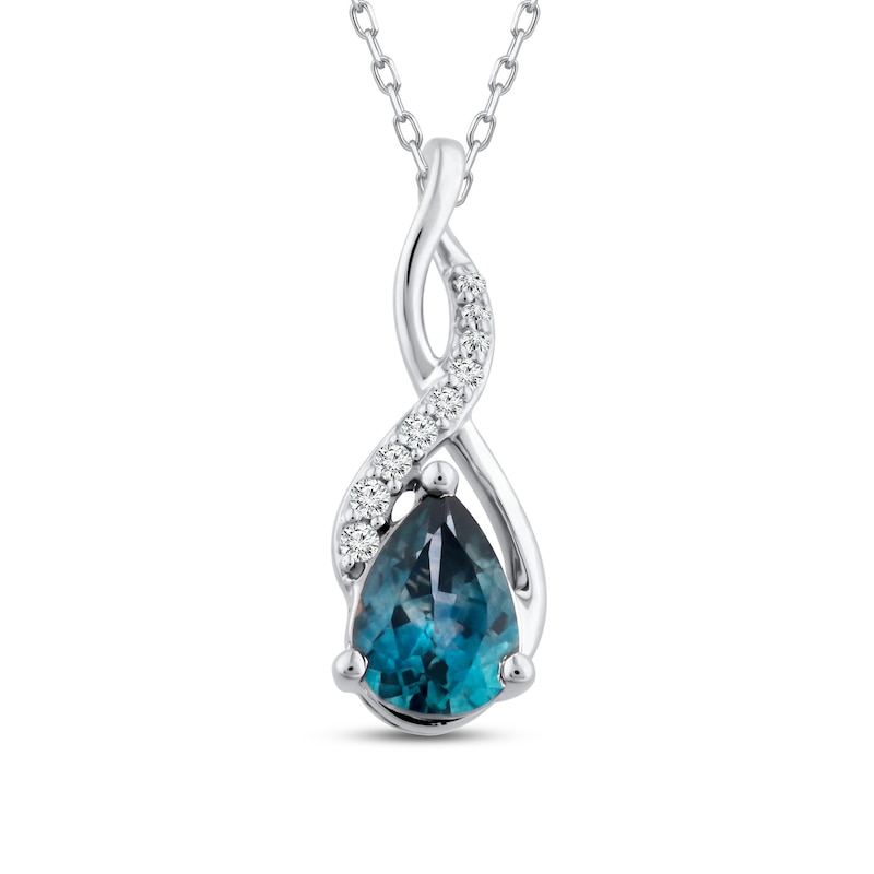 Montana Blue Pear-Shaped Natural Sapphire Pendant Necklace 1/20 ct tw Round Diamonds 14K White Gold 18"