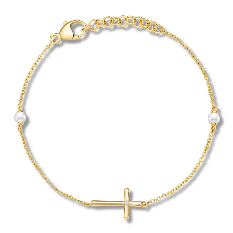 Children's Freshwater Cultured Pearl & Diamond Accent Cross Bracelet 14K Yellow Gold 5"