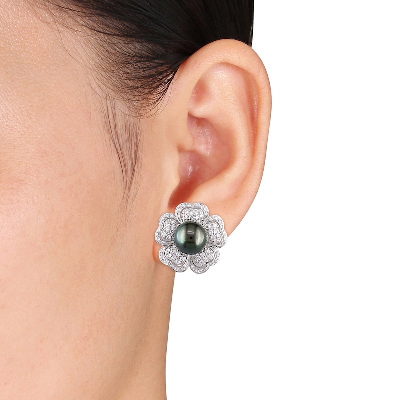 Cultured Pearl Earrings 1-1/2 ct tw Diamonds 18K White Gold