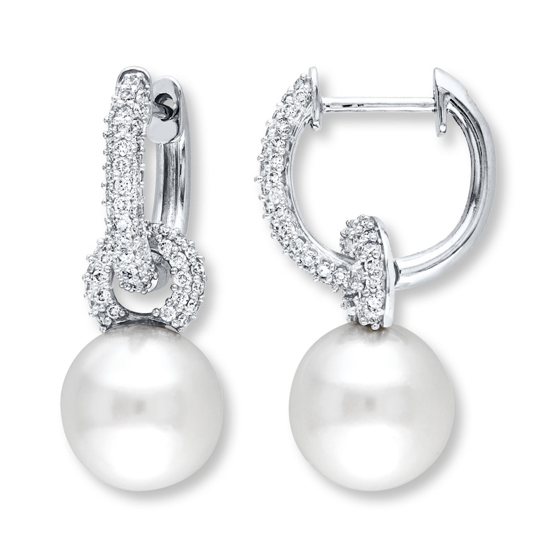 Cultured Pearl Earrings 1/2 ct tw Diamonds 14K White Gold