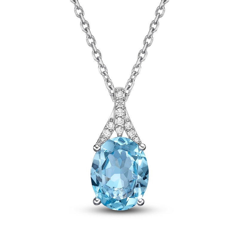 Natural Swiss Blue Topaz Pendant Necklace 1/8 ct tw Diamonds 10K White Gold 18"