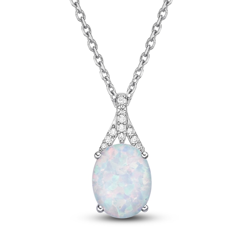 Lab-Created Opal Pendant Necklace 1/8 ct tw Diamonds 10K White Gold 18"