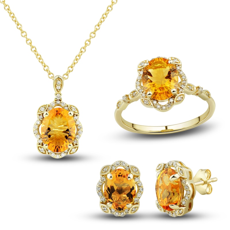 Natural Citrine Ring, Earring & Necklace Set 1/3 ct tw Diamonds 10K Yellow Gold