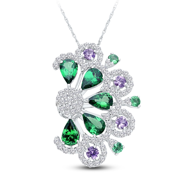 Kallati Natural Tsavorite Garnet, Natural Green & Purple Sapphire Necklace 3/4 ct tw Diamonds 14K White Gold 18"