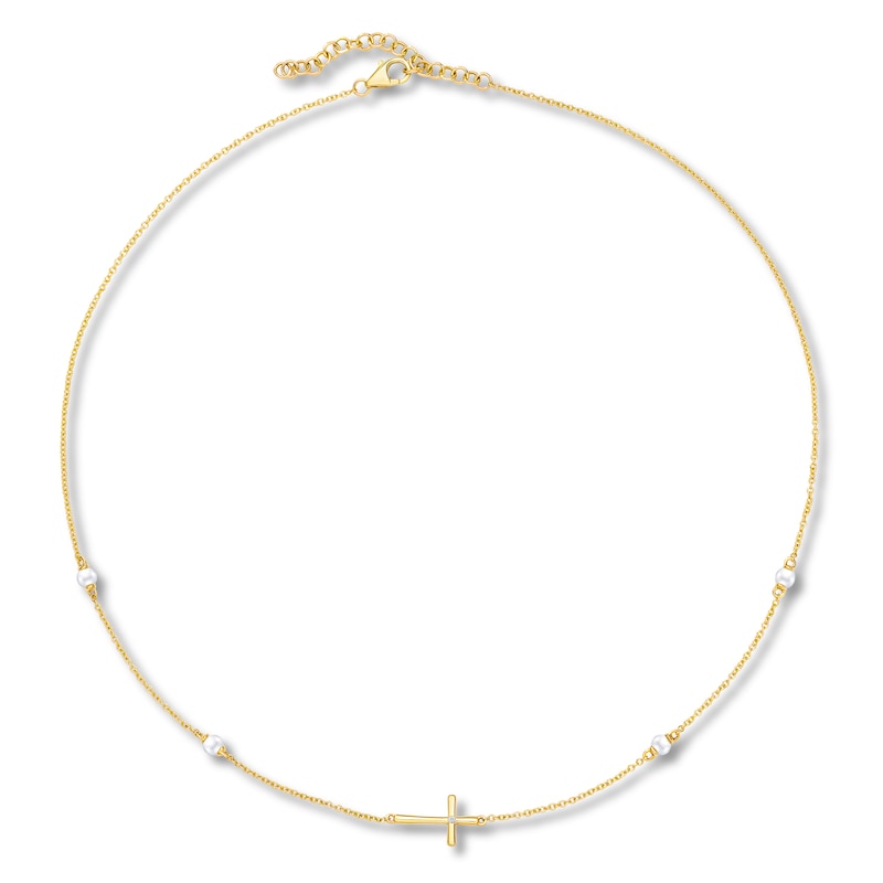 Children's Freshwater Cultured Pearl & Diamond Cross Necklace 14K Yellow Gold 13"