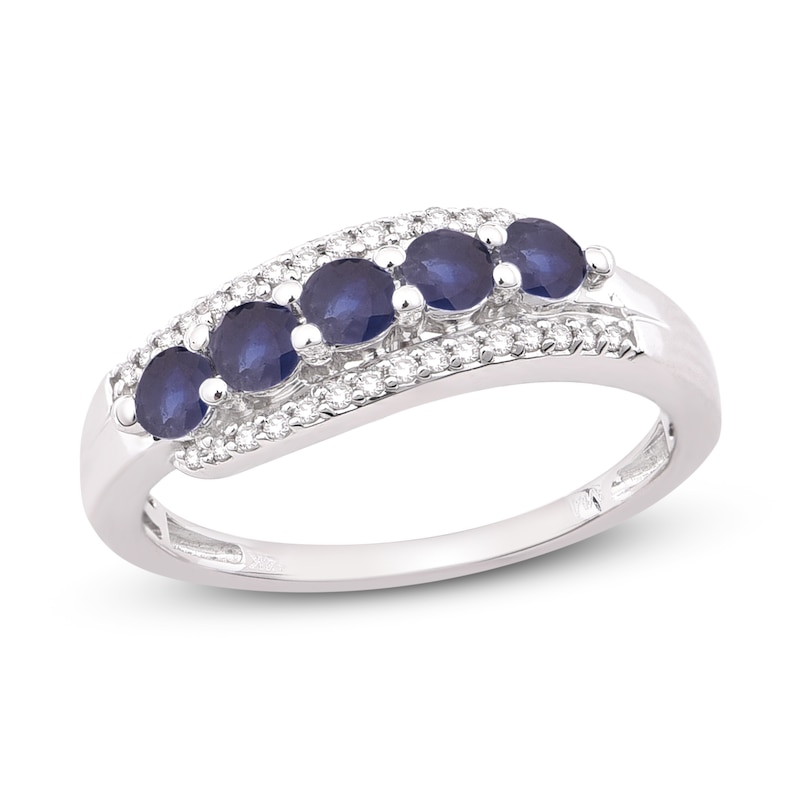 Natural Blue Sapphire Anniversary Ring 1/8 ct tw Diamonds 14K White Gold