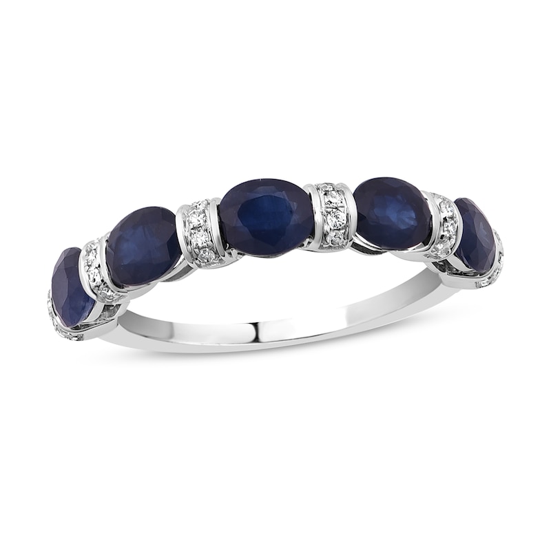 Natural Blue Sapphire Anniversary Ring 1/10 ct tw Diamonds 14K White Gold