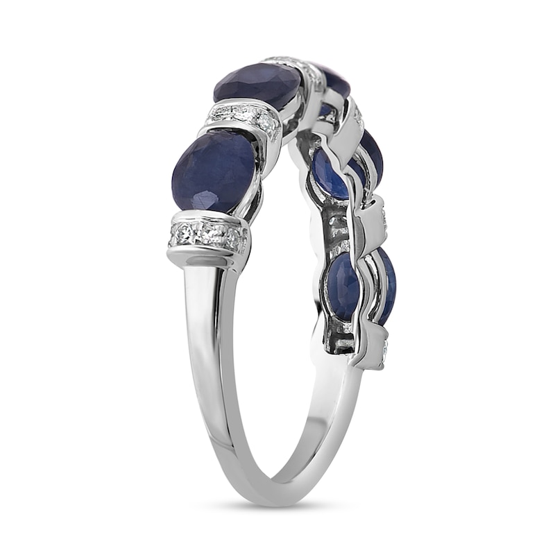 Natural Blue Sapphire Anniversary Ring 1/10 ct tw Diamonds 14K White Gold