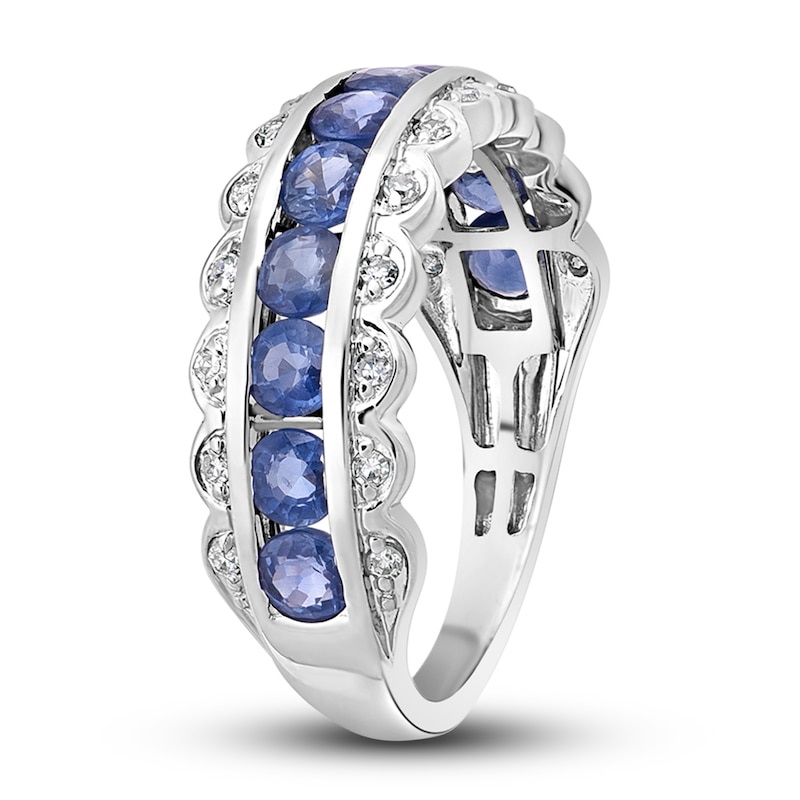Natural Blue Sapphire Anniversary Ring 1/8 ct tw Diamonds 14K White Gold