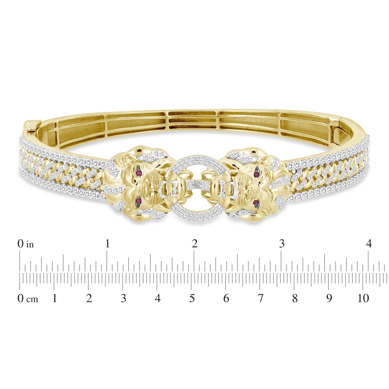 Men's Diamond & Lab Created Ruby Lion Bangle Bracelet 1 ct tw Round 10K Yellow Gold
