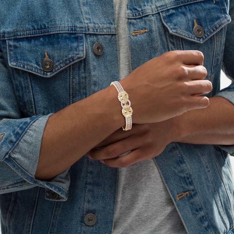 Men's Diamond & Lab Created Ruby Lion Bangle Bracelet 1 ct tw Round 10K Yellow Gold
