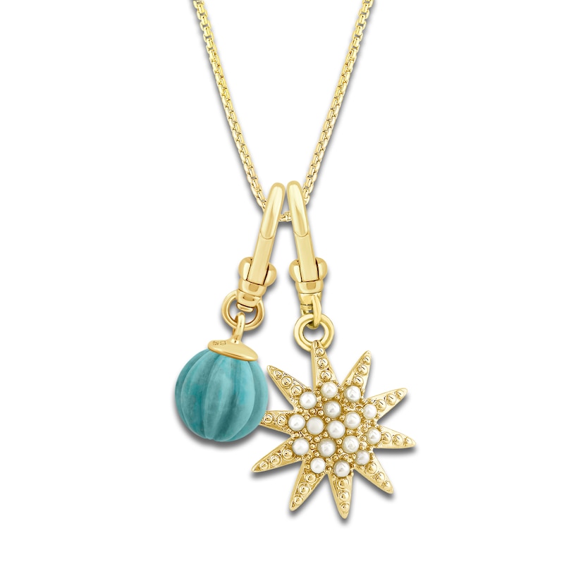 Charm'd by Lulu Frost Freshwater Cultured Pearl Star & Natural Turquoise Birthstone Charm 18" Box Chain Necklace Set 10K Yellow Gold