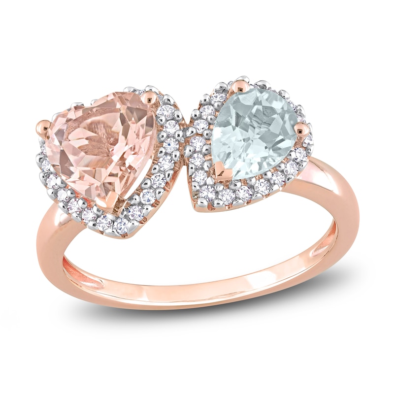 Natural Aquamarine & Natural Morganite Heart Ring 1/5 ct tw Diamonds 14K Rose Gold