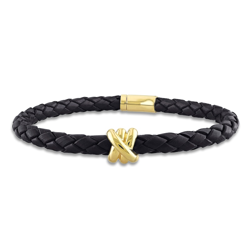 Y-Knot Men's Woven Black Leather Bracelet 14K Yellow Gold 9"