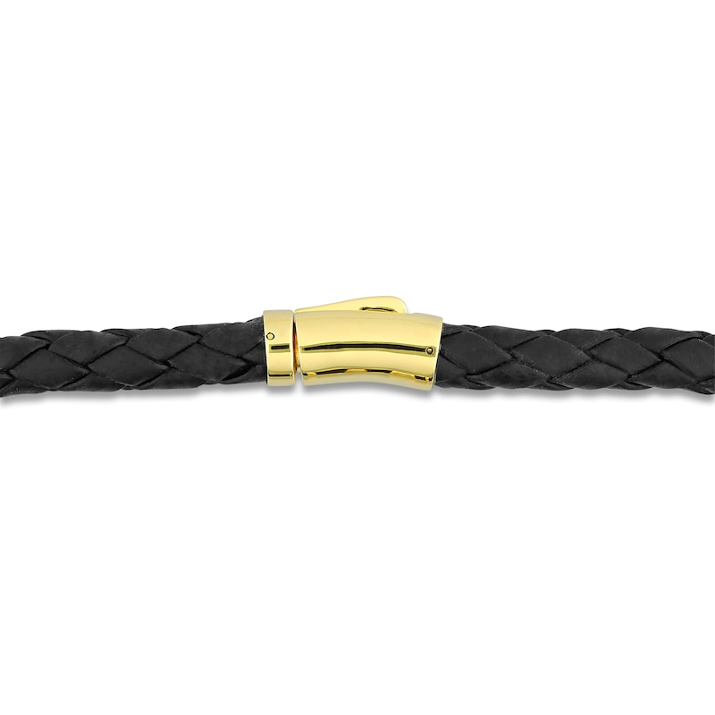 Y-Knot Men's Woven Black Leather Bracelet 14K Yellow Gold 9"