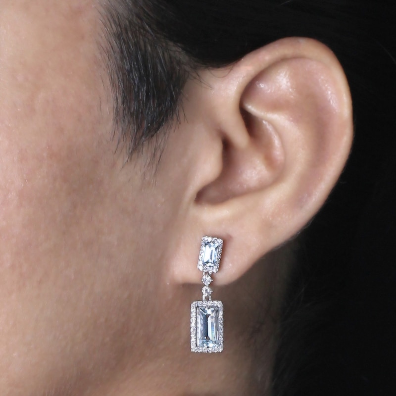 Baguette-Cut Natural Aquamarine & Diamond Dangle Earrings 1/2 ct tw 14K White Gold