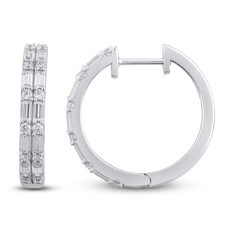 Baguette-Cut & Round Diamond Huggie Earrings 1 ct tw 14K White Gold