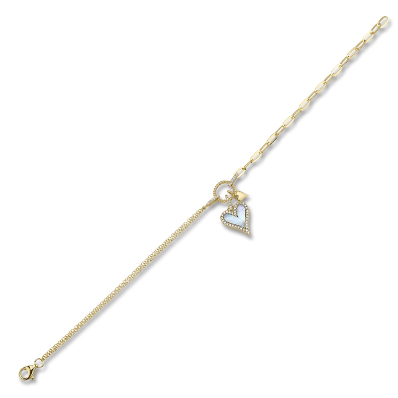Shy Creation Mother-of-Pearl Heart Bracelet 1/8 ct tw Diamonds 14K Yellow Gold 7" SC55027314
