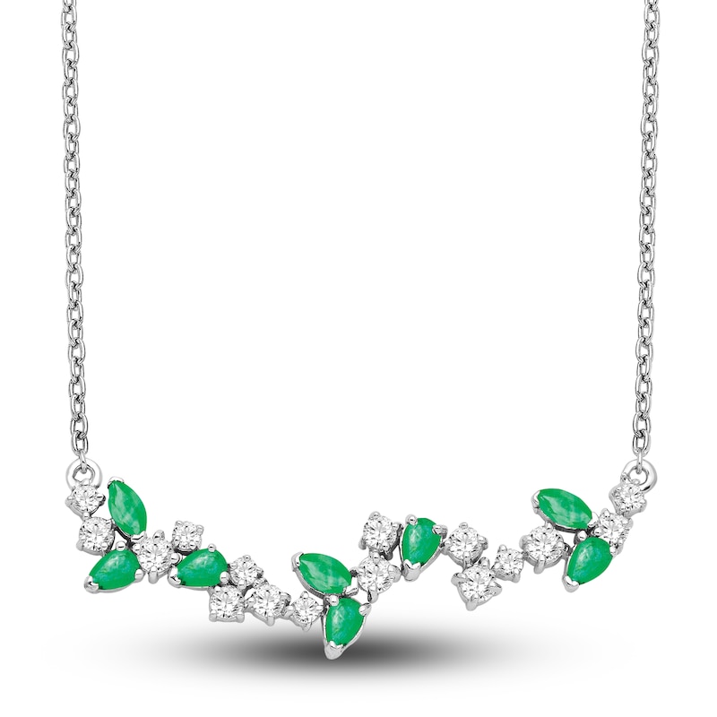 Natural Emerald Necklace 1/3 ct tw Diamonds 14K White Gold 18"