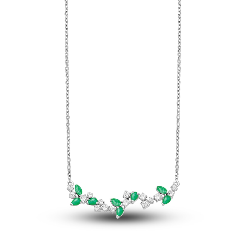 Natural Emerald Necklace 1/3 ct tw Diamonds 14K White Gold 18"