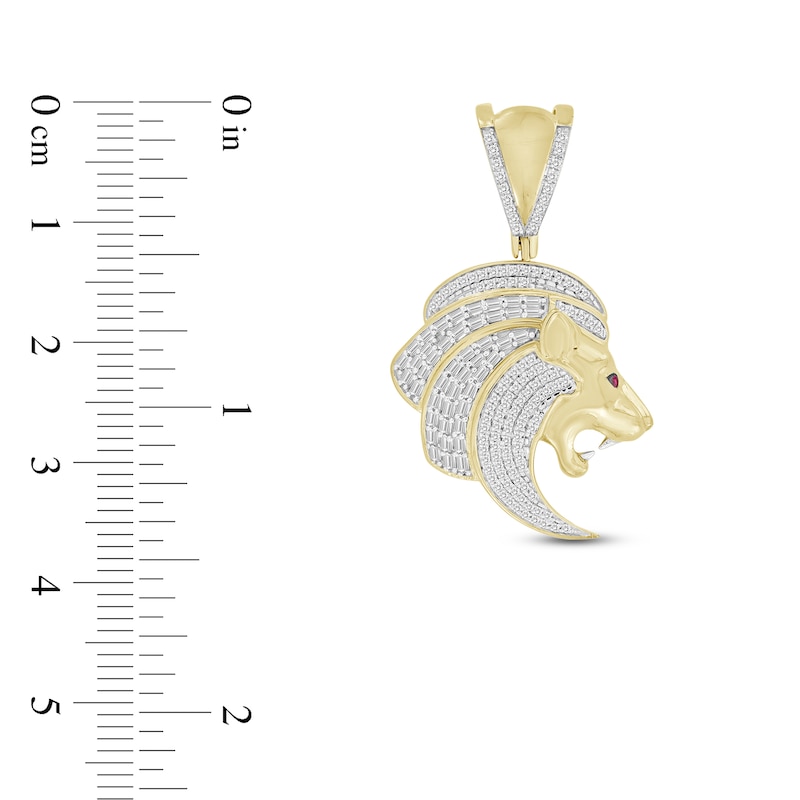 Men's Diamond & Lab Created Ruby Lion Charm 1/2 ct tw Round/Baguette 10K Yellow Gold