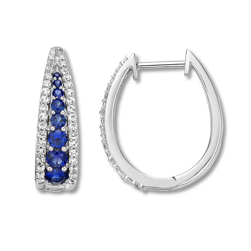 Blue & White Lab-Created Sapphire Hoop Earrings 10K White Gold